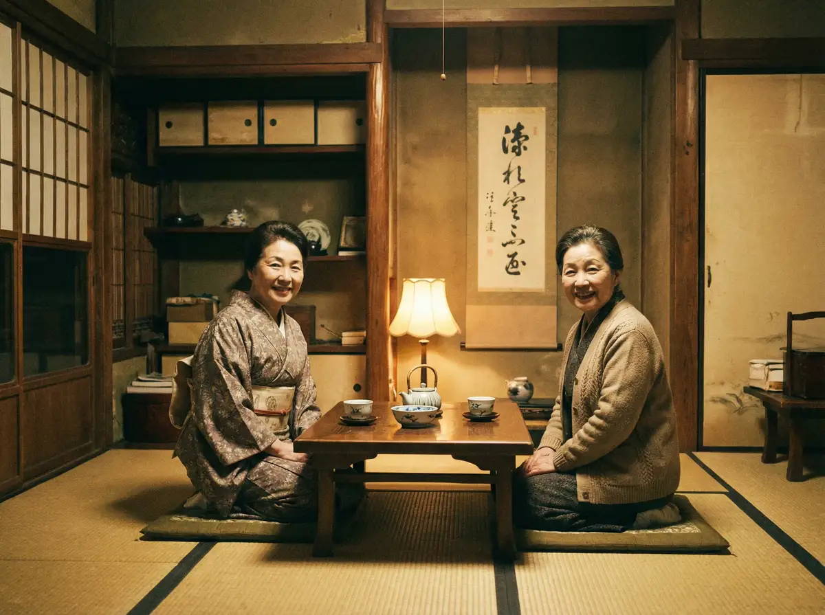 两位优雅的 彩富体育app 在日式茶室中品茶交谈